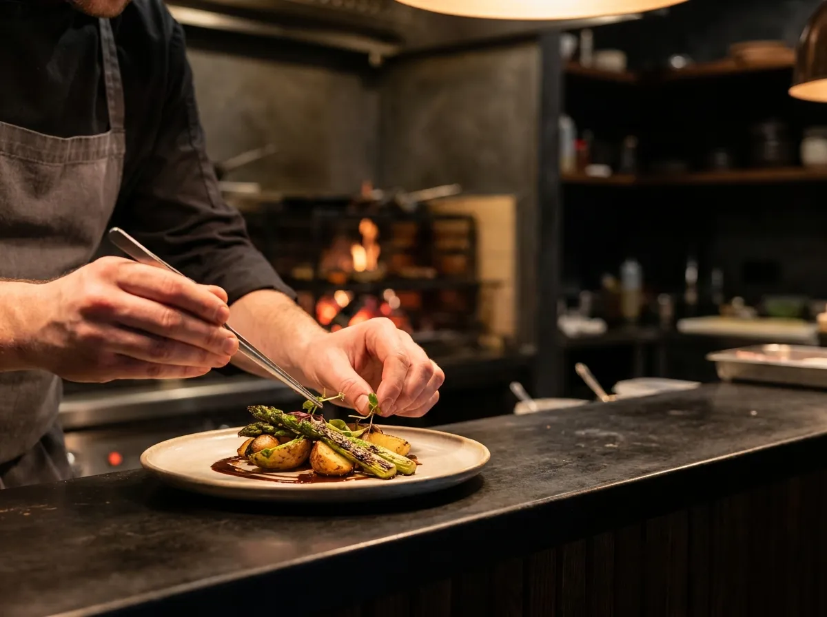 A chef's hands finishing a plate of grilled asparagus and potatoes at the pass, with the fire burning behind