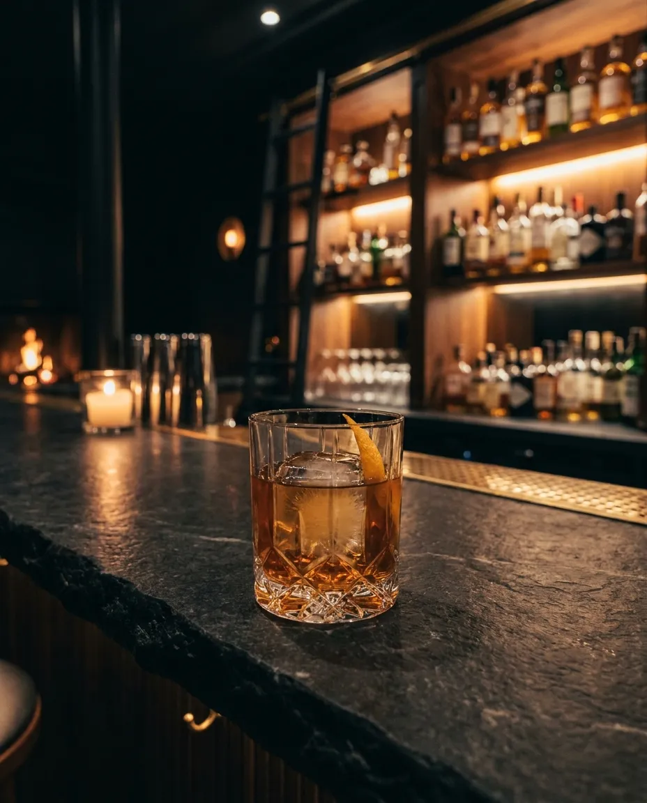An amber cocktail over a single block of ice on the bar, backlit bottles behind