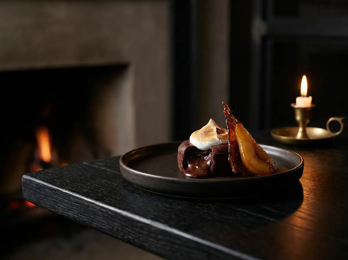 A warm chocolate fondant with torched meringue and caramelised pear, beside a candle and the fireplace