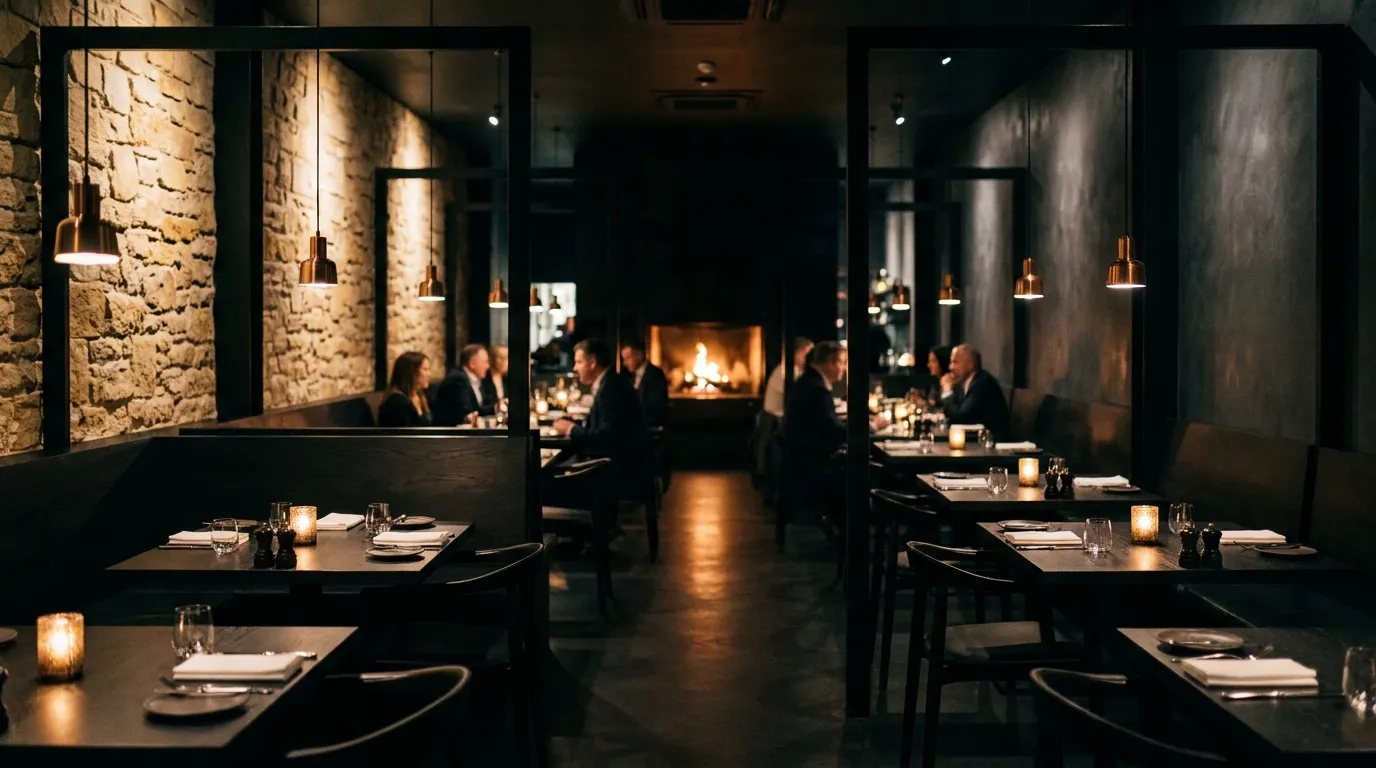 The dining room during evening service, copper pendants over dark tables and a fire burning at the far wall
