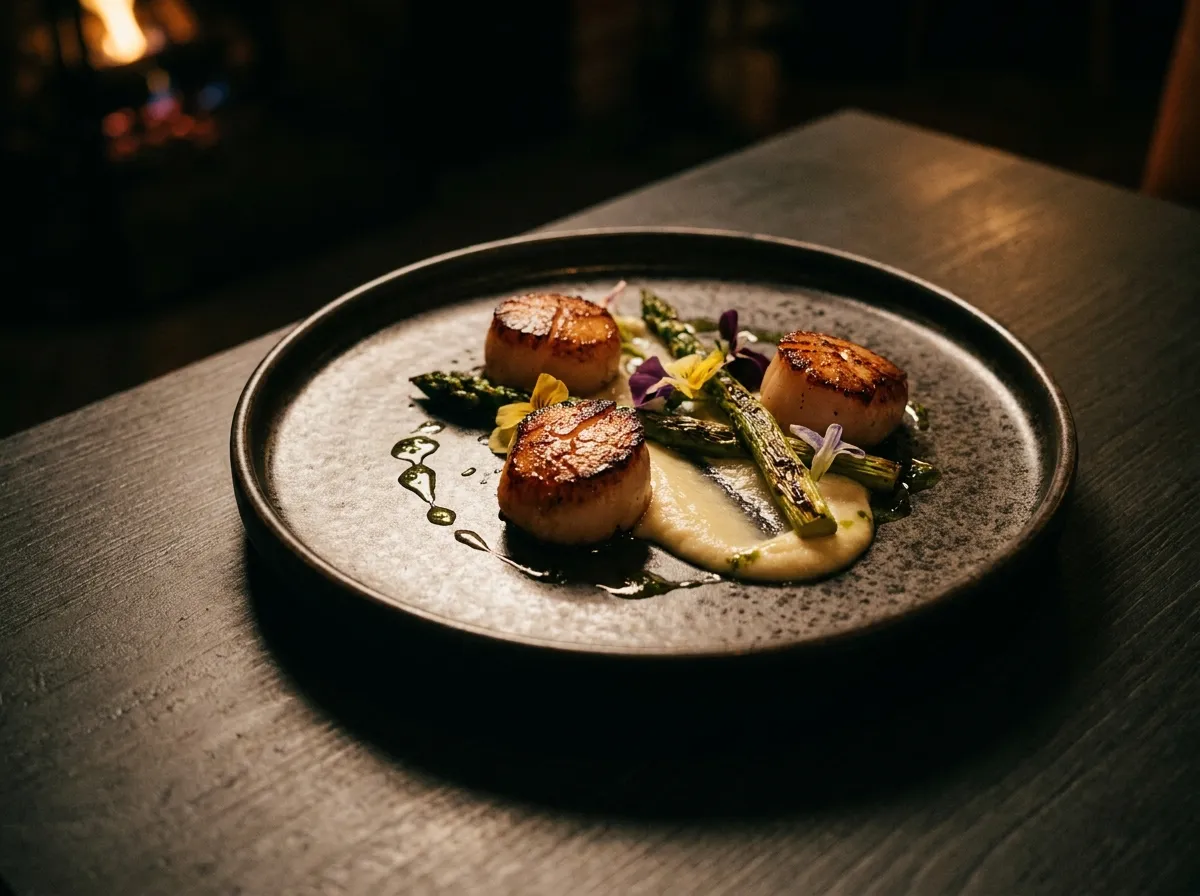 Three seared scallops with cauliflower purée, grilled asparagus and herb oil on a speckled plate