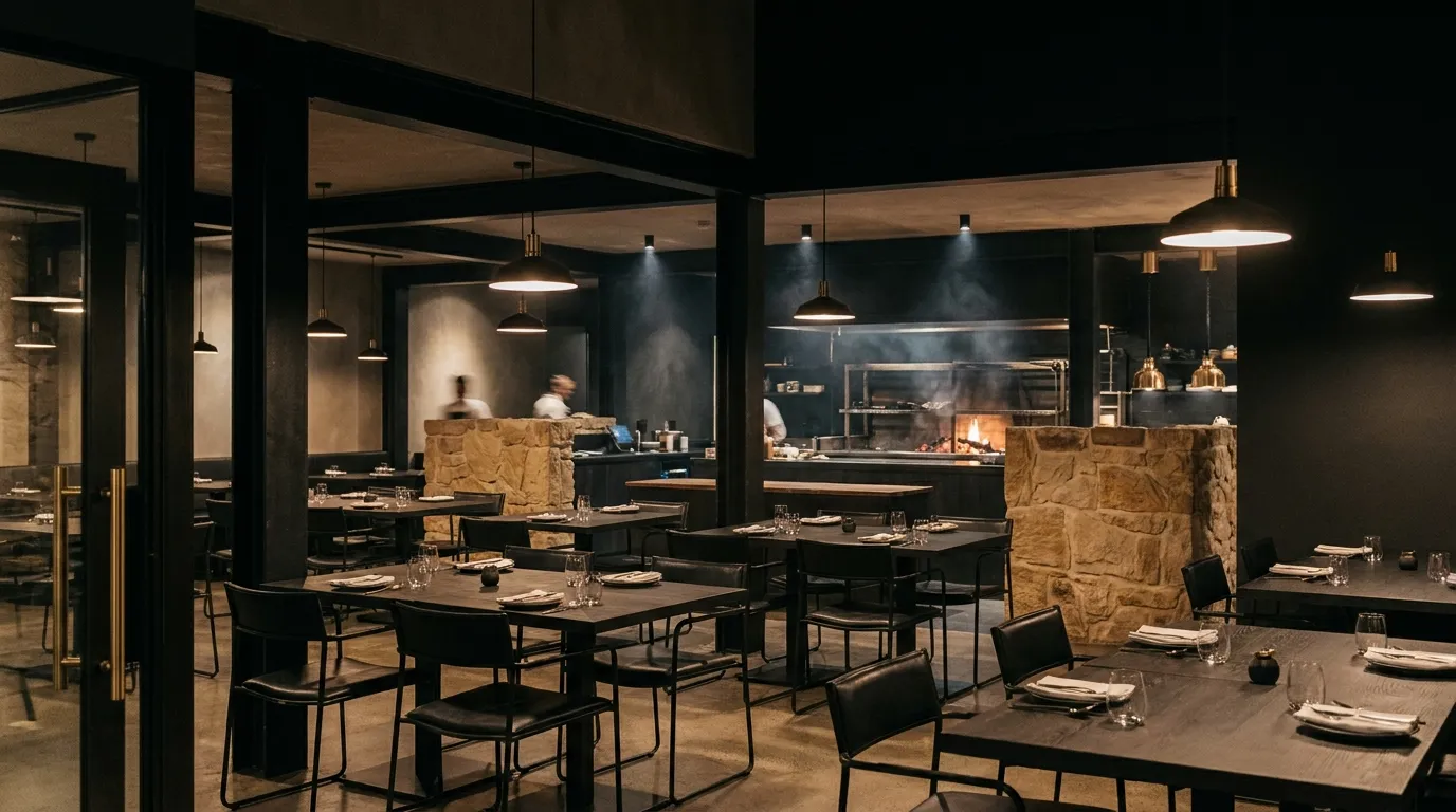 The EMBER dining room at night, with the open grill glowing at the back of the kitchen