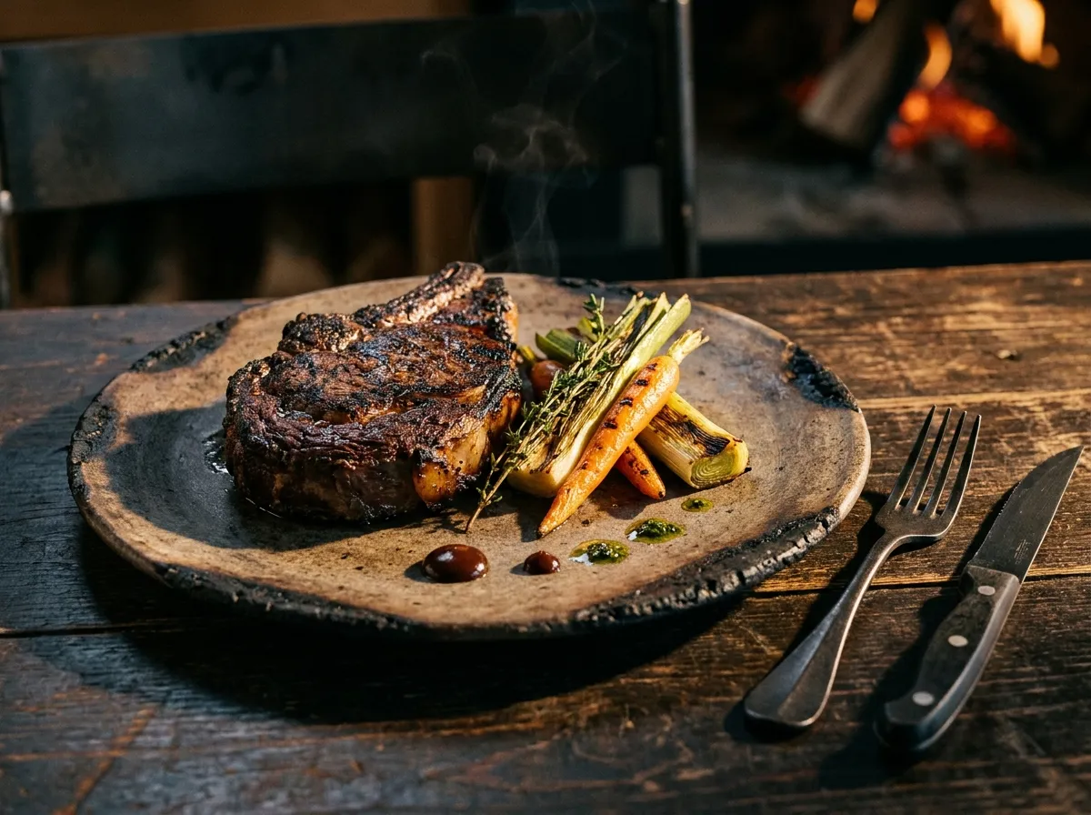 A dry-aged ribeye on the bone, charred and rested on a stoneware plate with grilled leeks and carrots