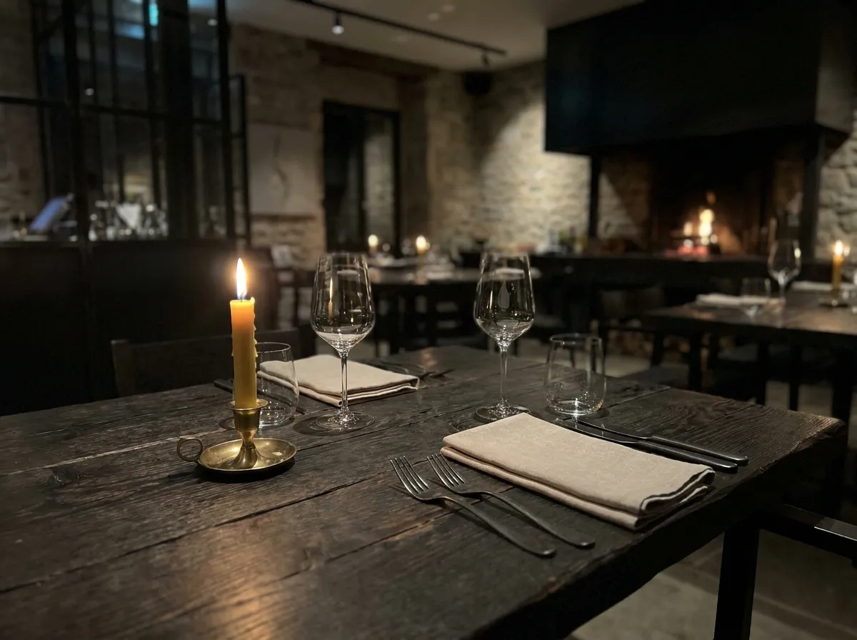 A table for two laid with linen napkins, wine glasses and a lit brass candlestick